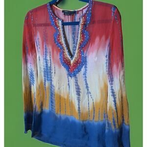 BCBG MAXAZRIA Silk Tie Dye Sheer Top Sunset Ombre Rainbow | Boho | Festival Luxe